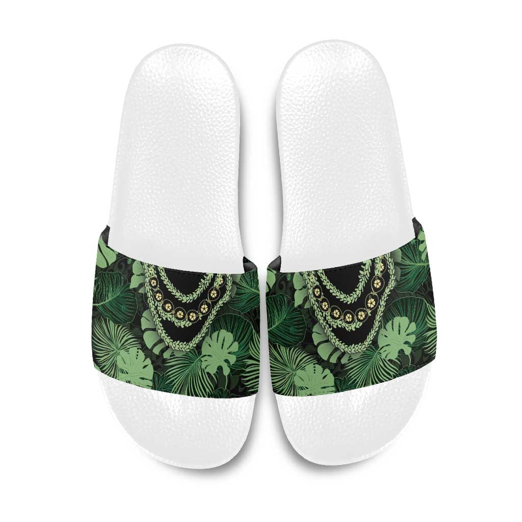 Green Hawaii Kukui Nut Lei Slide Sandals Hawaiian Pattern Monstera Tropical Vibes LT14 Green - Polynesian Pride
