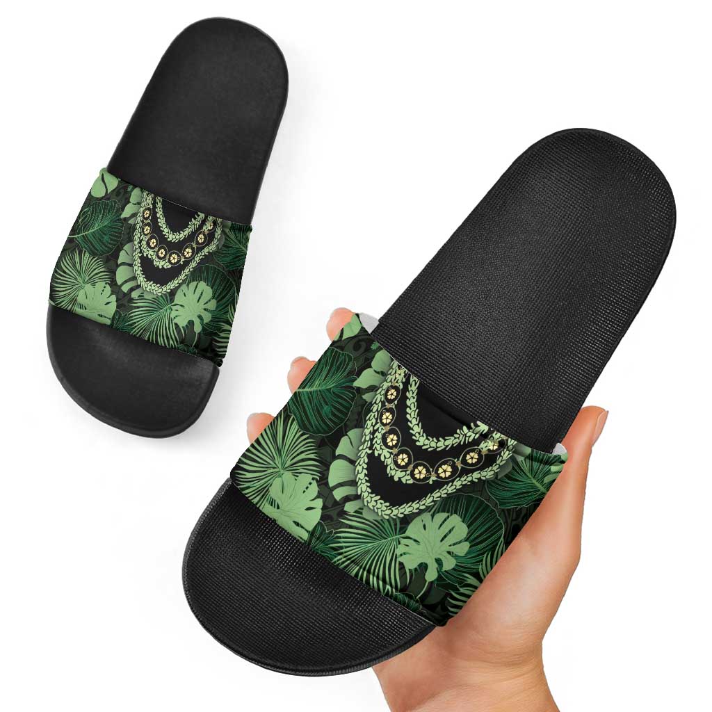 Green Hawaii Kukui Nut Lei Slide Sandals Hawaiian Pattern Monstera Tropical Vibes LT14 - Polynesian Pride