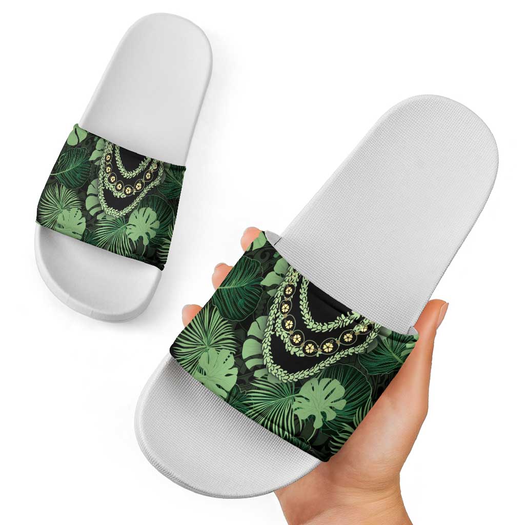 Green Hawaii Kukui Nut Lei Slide Sandals Hawaiian Pattern Monstera Tropical Vibes LT14 - Polynesian Pride