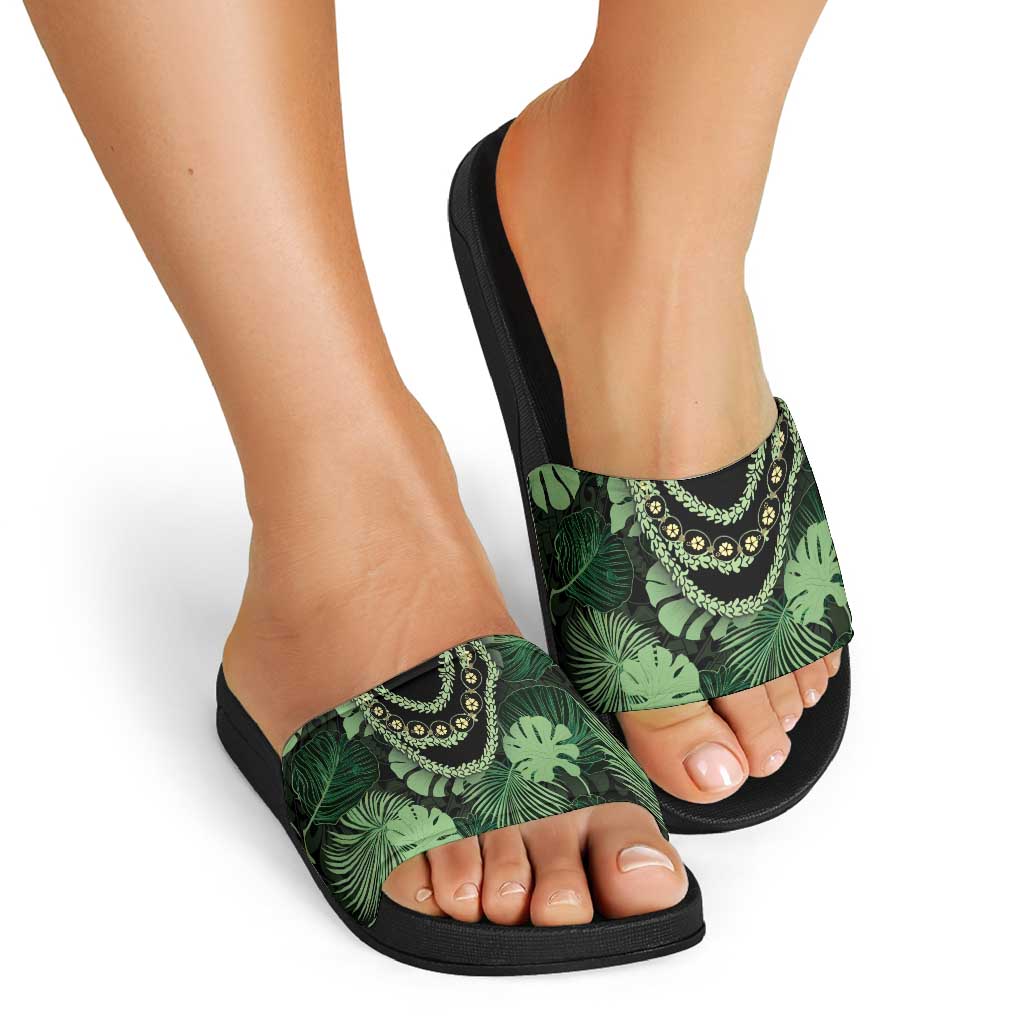Green Hawaii Kukui Nut Lei Slide Sandals Hawaiian Pattern Monstera Tropical Vibes LT14 - Polynesian Pride