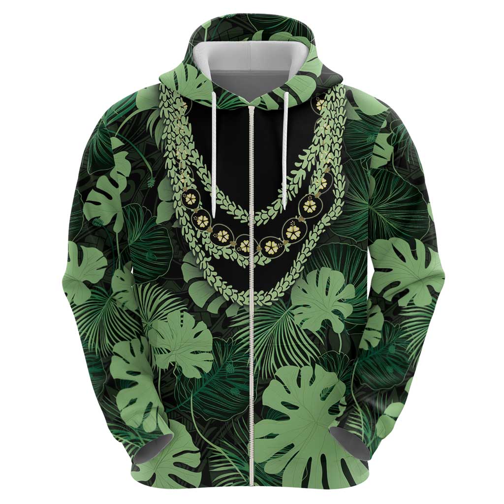 Green Hawaii Kukui Nut Lei Zip Hoodie Hawaiian Pattern Monstera Tropical Vibes LT14 - Polynesian Pride