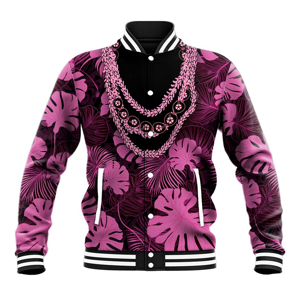 Pink Hawaii Kukui Nut Lei Baseball Jacket Hawaiian Pattern Monstera Tropical Vibes LT14 Unisex Pink - Polynesian Pride