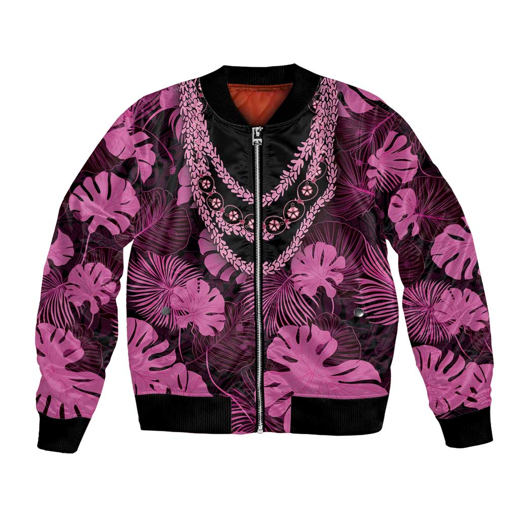 Pink Hawaii Kukui Nut Lei Bomber Jacket Hawaiian Pattern Monstera Tropical Vibes LT14 Unisex Pink - Polynesian Pride