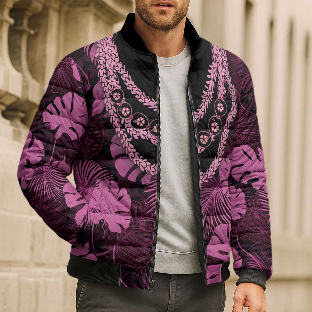Pink Hawaii Kukui Nut Lei Bomber Puffer Jacket Hawaiian Pattern Monstera Tropical Vibes LT14 - Polynesian Pride