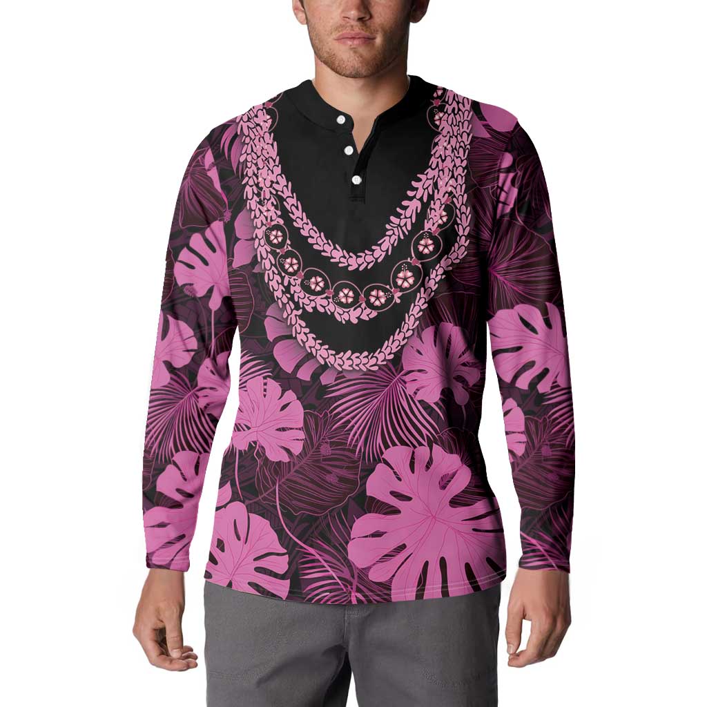Pink Hawaii Kukui Nut Lei Button Sweatshirt Hawaiian Pattern Monstera Tropical Vibes LT14 - Polynesian Pride