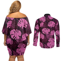 Pink Hawaii Kukui Nut Lei Couples Matching Off Shoulder Short Dress and Long Sleeve Button Shirt Hawaiian Pattern Monstera Tropical Vibes LT14 - Polynesian Pride