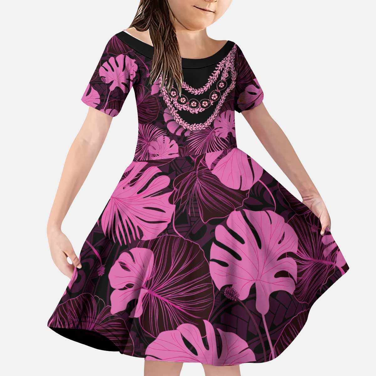 Pink Hawaii Kukui Nut Lei Kid Short Sleeve Dress Hawaiian Pattern Monstera Tropical Vibes LT14 KID Pink - Polynesian Pride