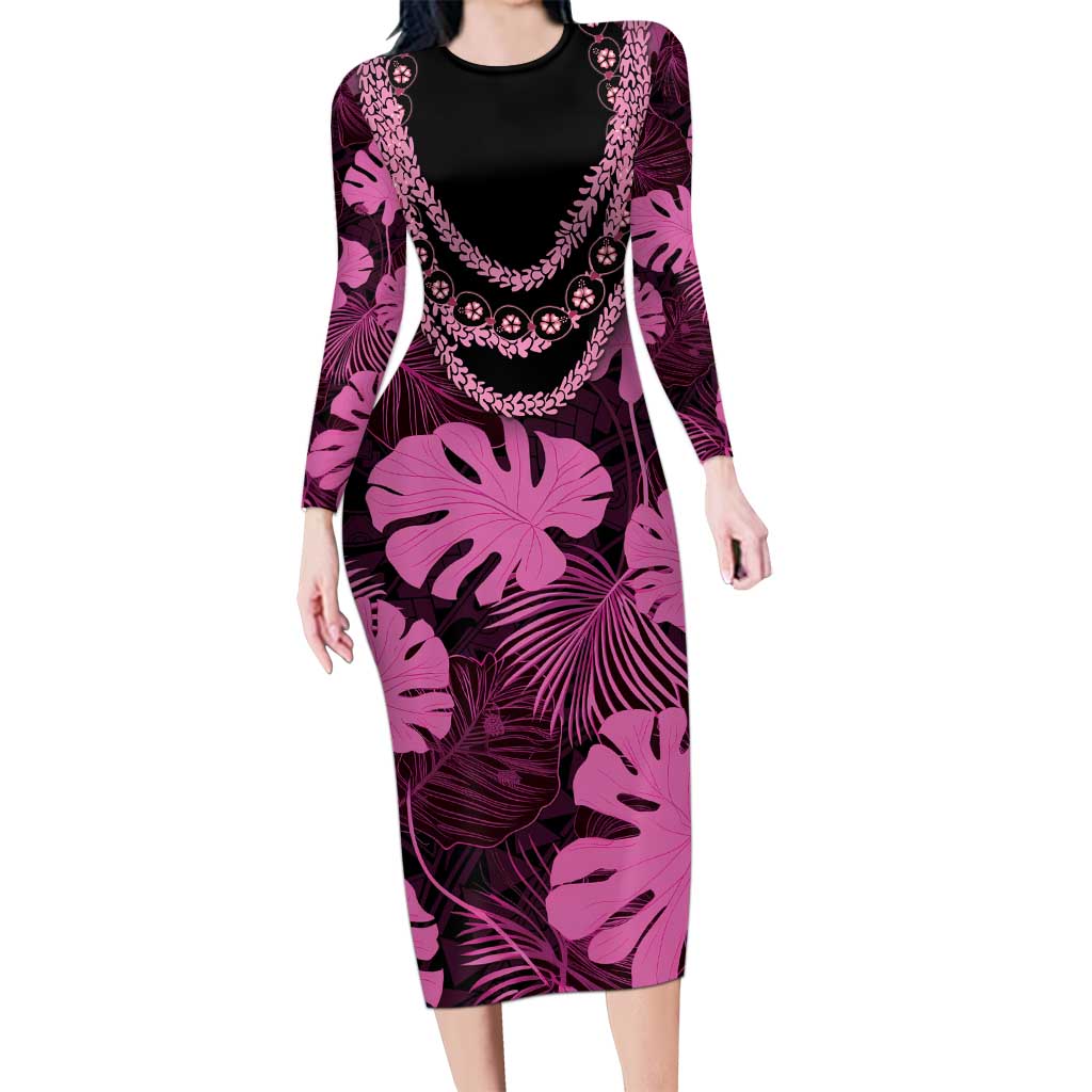 Pink Hawaii Kukui Nut Lei Long Sleeve Bodycon Dress Hawaiian Pattern Monstera Tropical Vibes LT14 Long Dress Pink - Polynesian Pride