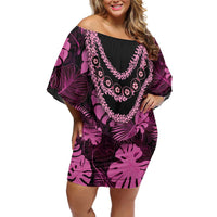 Pink Hawaii Kukui Nut Lei Off Shoulder Short Dress Hawaiian Pattern Monstera Tropical Vibes LT14 Women Pink - Polynesian Pride