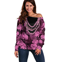 Pink Hawaii Kukui Nut Lei Off Shoulder Sweater Hawaiian Pattern Monstera Tropical Vibes LT14 Women Pink - Polynesian Pride