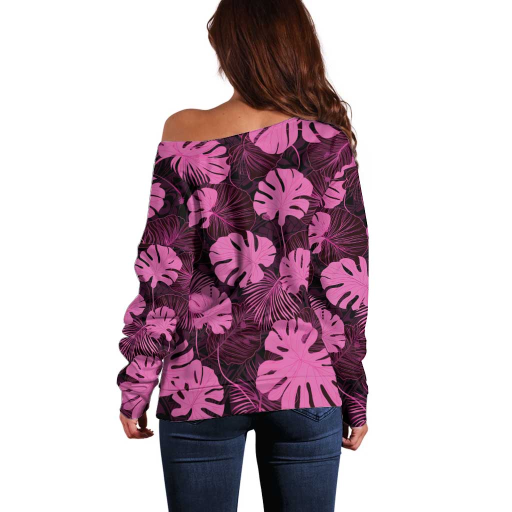 Pink Hawaii Kukui Nut Lei Off Shoulder Sweater Hawaiian Pattern Monstera Tropical Vibes LT14 - Polynesian Pride