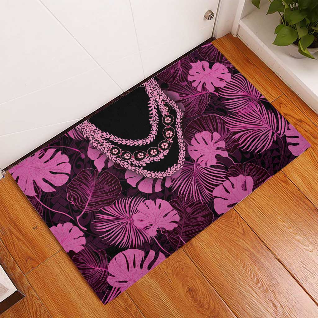 Pink Hawaii Kukui Nut Lei Rubber Doormat Hawaiian Pattern Monstera Tropical Vibes LT14 - Polynesian Pride