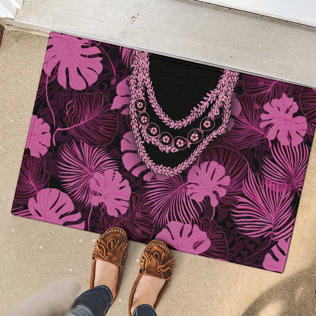 Pink Hawaii Kukui Nut Lei Rubber Doormat Hawaiian Pattern Monstera Tropical Vibes LT14 - Polynesian Pride