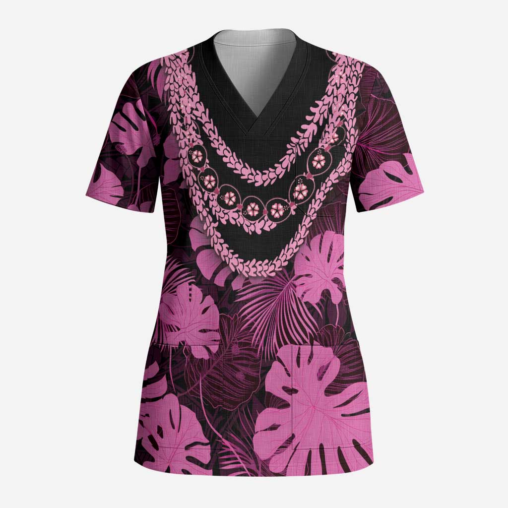 Pink Hawaii Kukui Nut Lei Scrub Top Hawaiian Pattern Monstera Tropical Vibes LT14 Adult Pink - Polynesian Pride