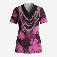 Pink Hawaii Kukui Nut Lei Scrub Top Hawaiian Pattern Monstera Tropical Vibes LT14 Adult Pink - Polynesian Pride