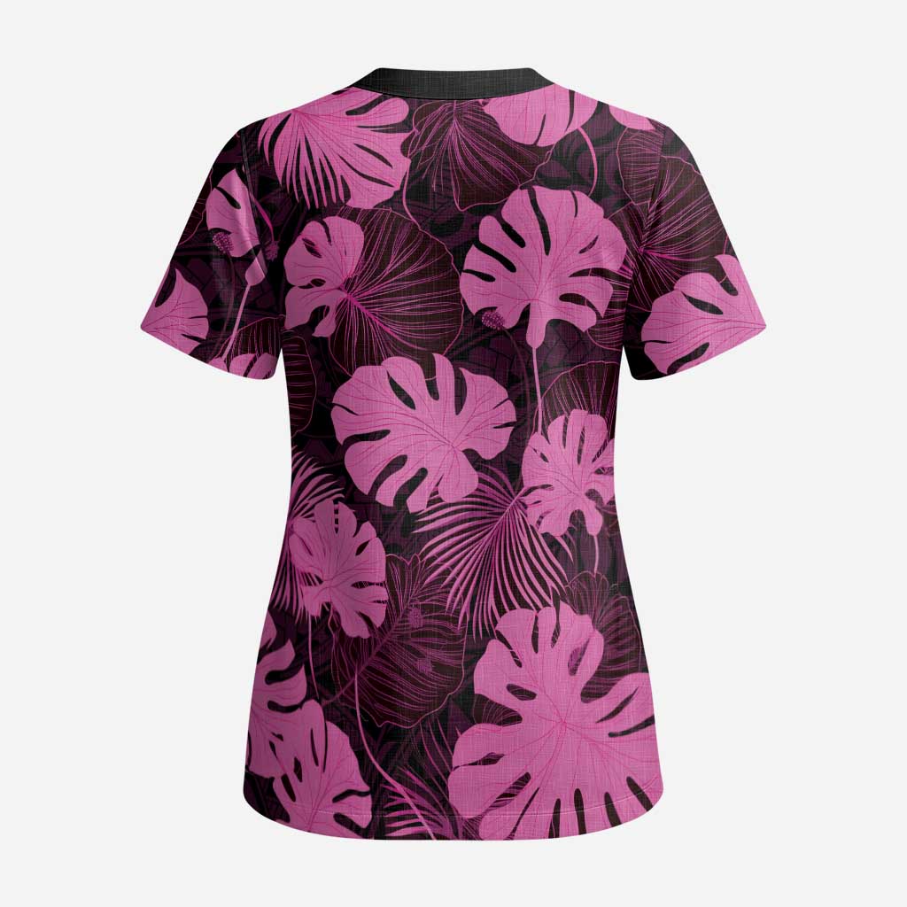 Pink Hawaii Kukui Nut Lei Scrub Top Hawaiian Pattern Monstera Tropical Vibes LT14 - Polynesian Pride