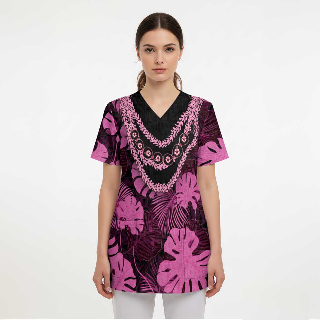 Pink Hawaii Kukui Nut Lei Scrub Top Hawaiian Pattern Monstera Tropical Vibes LT14 - Polynesian Pride