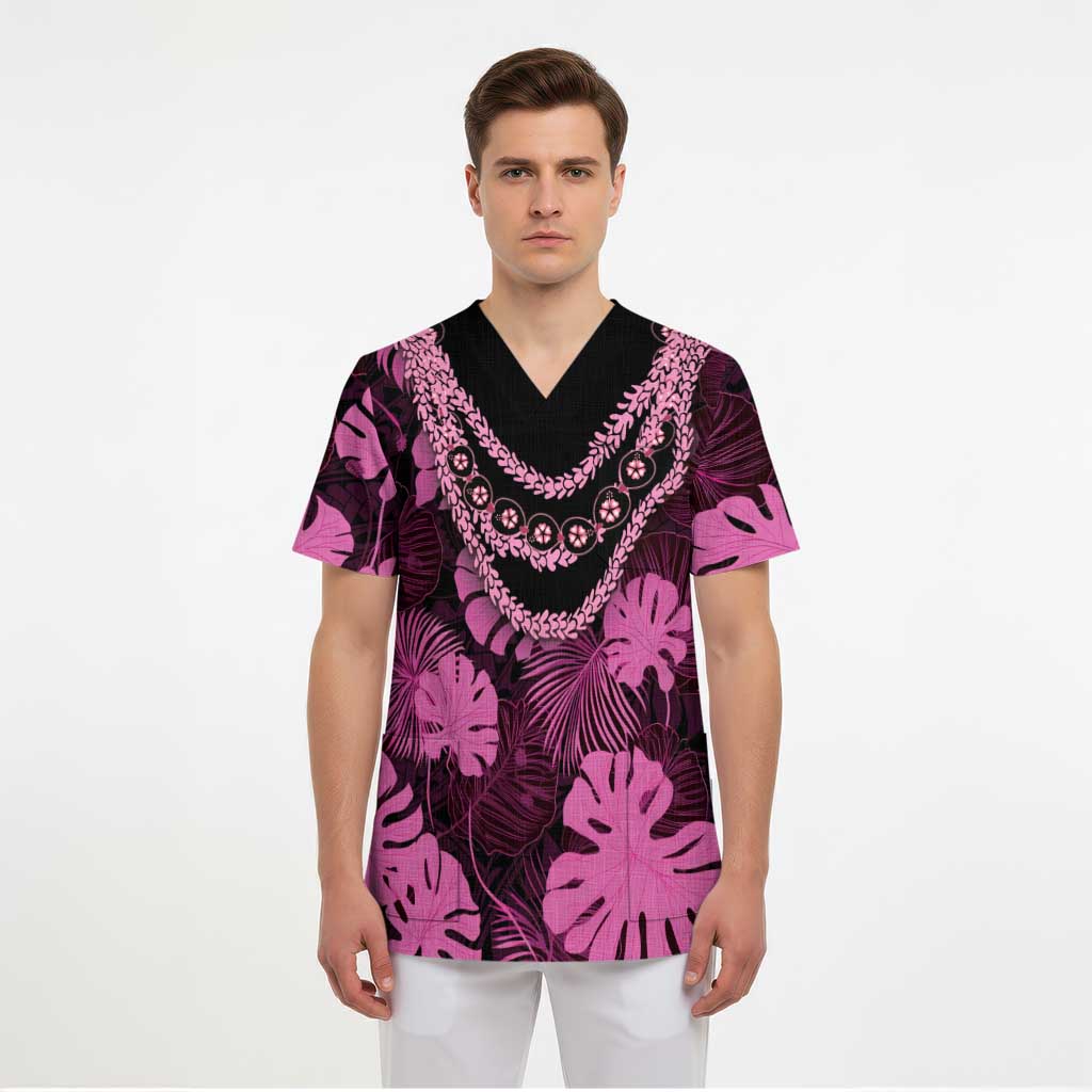 Pink Hawaii Kukui Nut Lei Scrub Top Hawaiian Pattern Monstera Tropical Vibes LT14 - Polynesian Pride