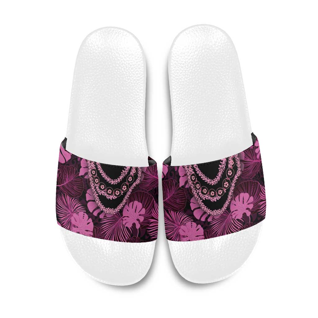 Pink Hawaii Kukui Nut Lei Slide Sandals Hawaiian Pattern Monstera Tropical Vibes LT14 Pink - Polynesian Pride