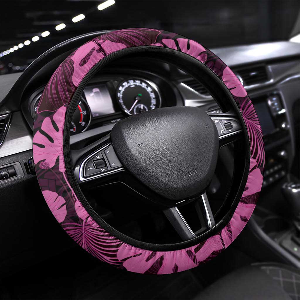 Pink Hawaii Kukui Nut Lei Steering Wheel Cover Hawaiian Pattern Monstera Tropical Vibes LT14 Universal Fit Pink - Polynesian Pride
