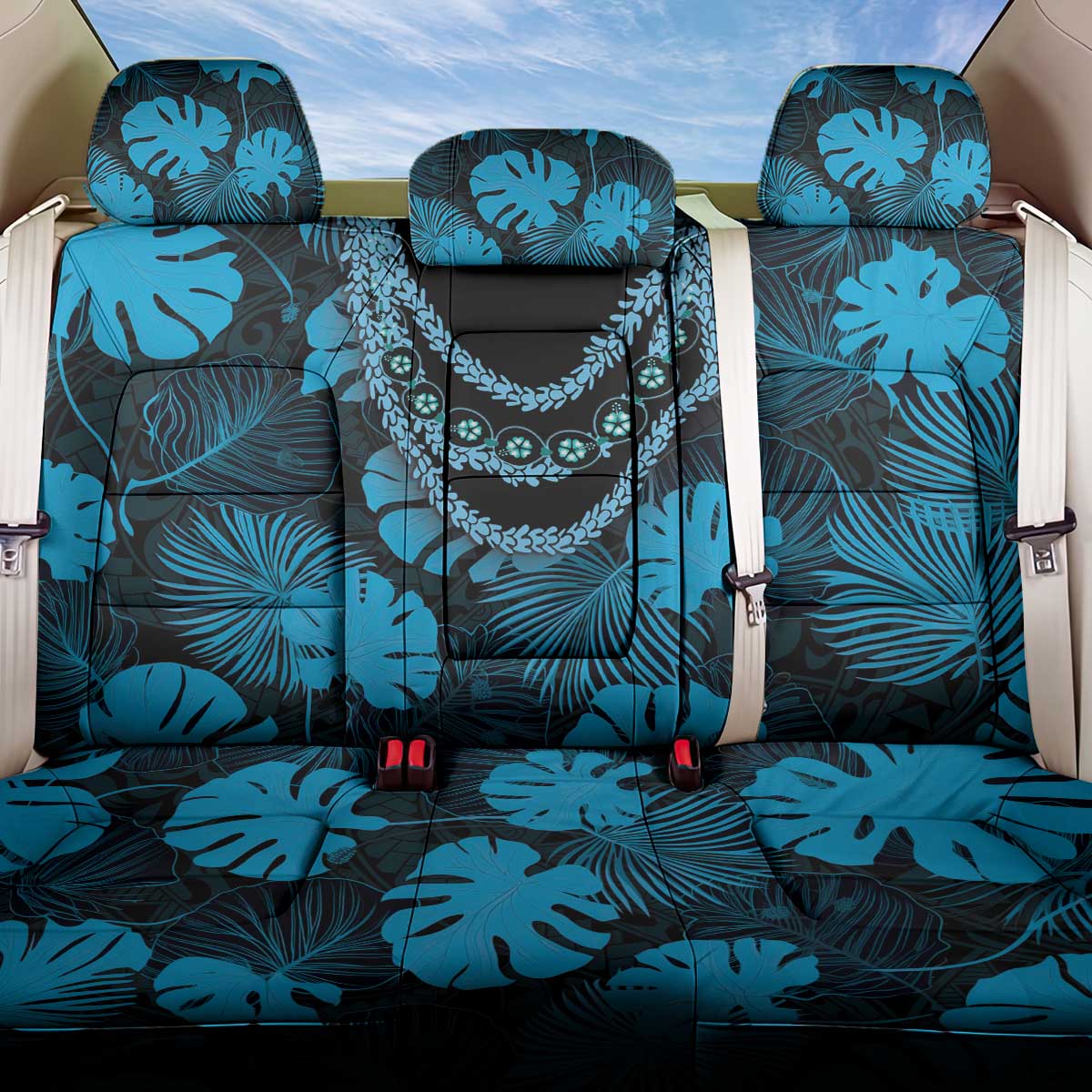 Blue Hawaii Kukui Nut Lei Back Car Seat Cover Hawaiian Pattern Monstera Tropical Vibes LT14 One Size Blue - Polynesian Pride