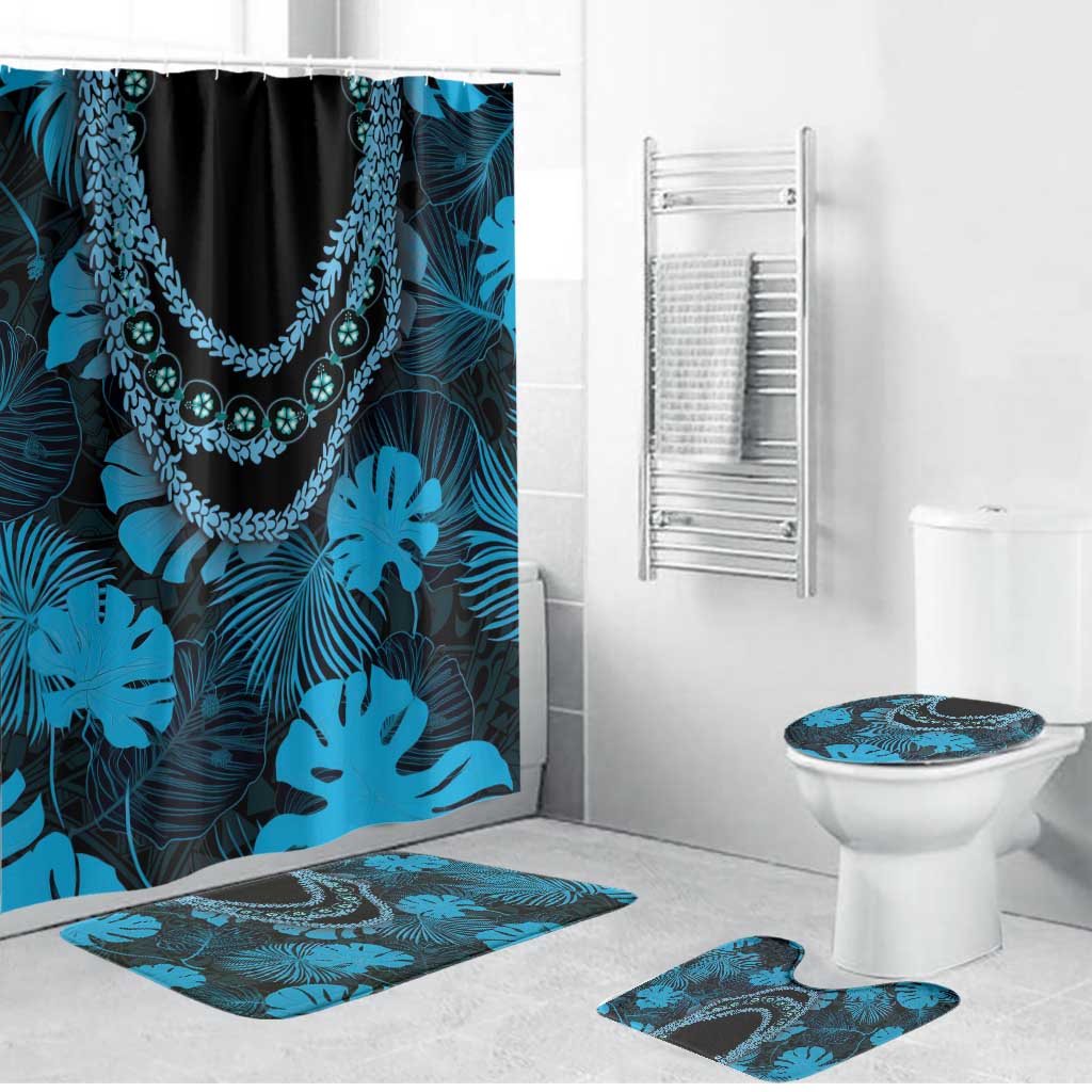 Blue Hawaii Kukui Nut Lei Bathroom Set Hawaiian Pattern Monstera Tropical Vibes LT14 Bathroom Set (4 pcs) Blue - Polynesian Pride