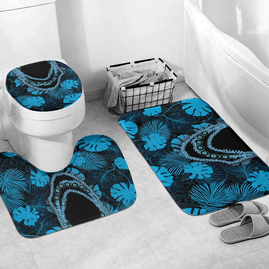 Blue Hawaii Kukui Nut Lei Bathroom Set Hawaiian Pattern Monstera Tropical Vibes LT14 Mat Set Only (3 pcs) One Size Blue - Polynesian Pride