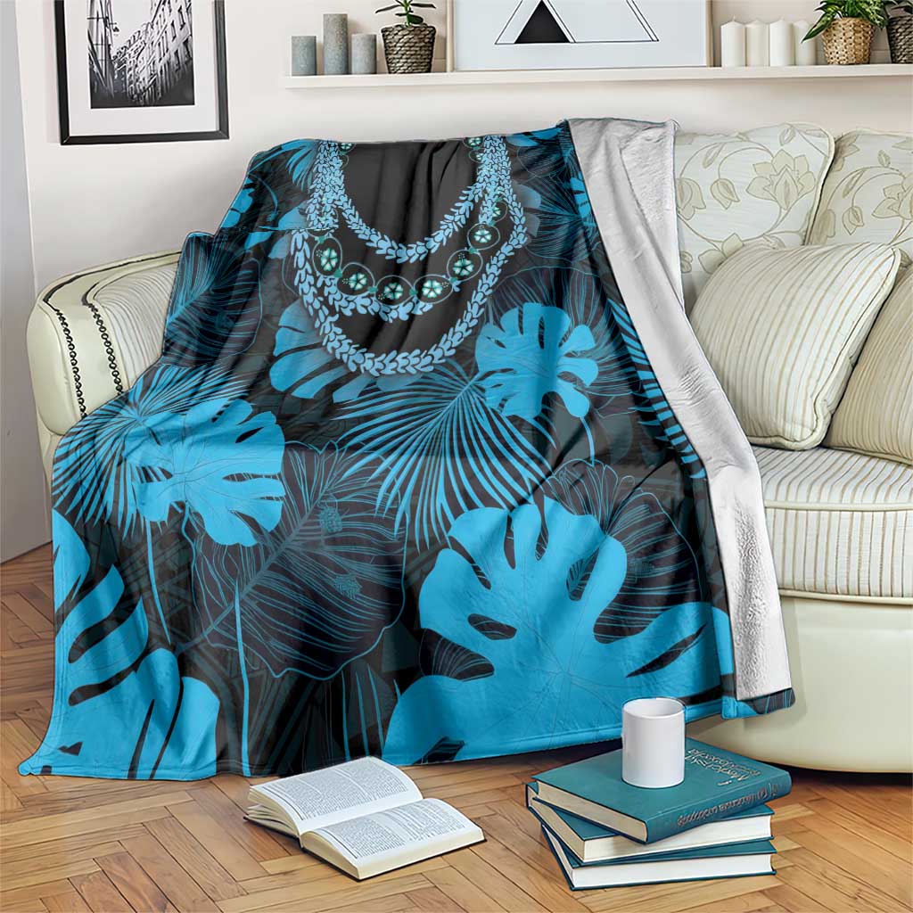 Blue Hawaii Kukui Nut Lei Blanket Hawaiian Pattern Monstera Tropical Vibes LT14 Blue - Polynesian Pride