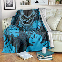 Blue Hawaii Kukui Nut Lei Blanket Hawaiian Pattern Monstera Tropical Vibes LT14 Blue - Polynesian Pride