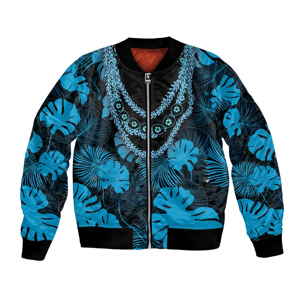 Blue Hawaii Kukui Nut Lei Bomber Jacket Hawaiian Pattern Monstera Tropical Vibes LT14 Unisex Blue - Polynesian Pride