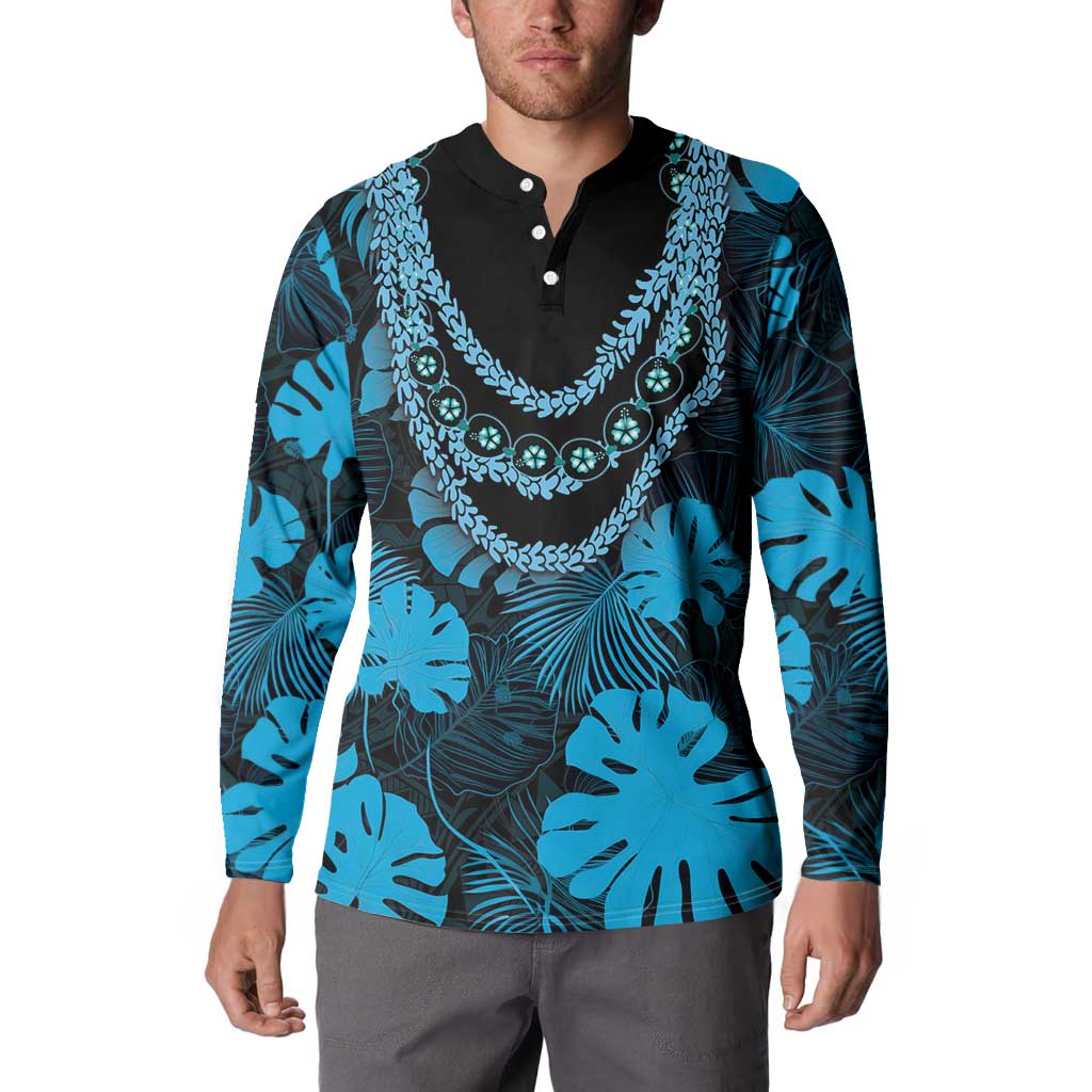 Blue Hawaii Kukui Nut Lei Button Sweatshirt Hawaiian Pattern Monstera Tropical Vibes LT14 - Polynesian Pride