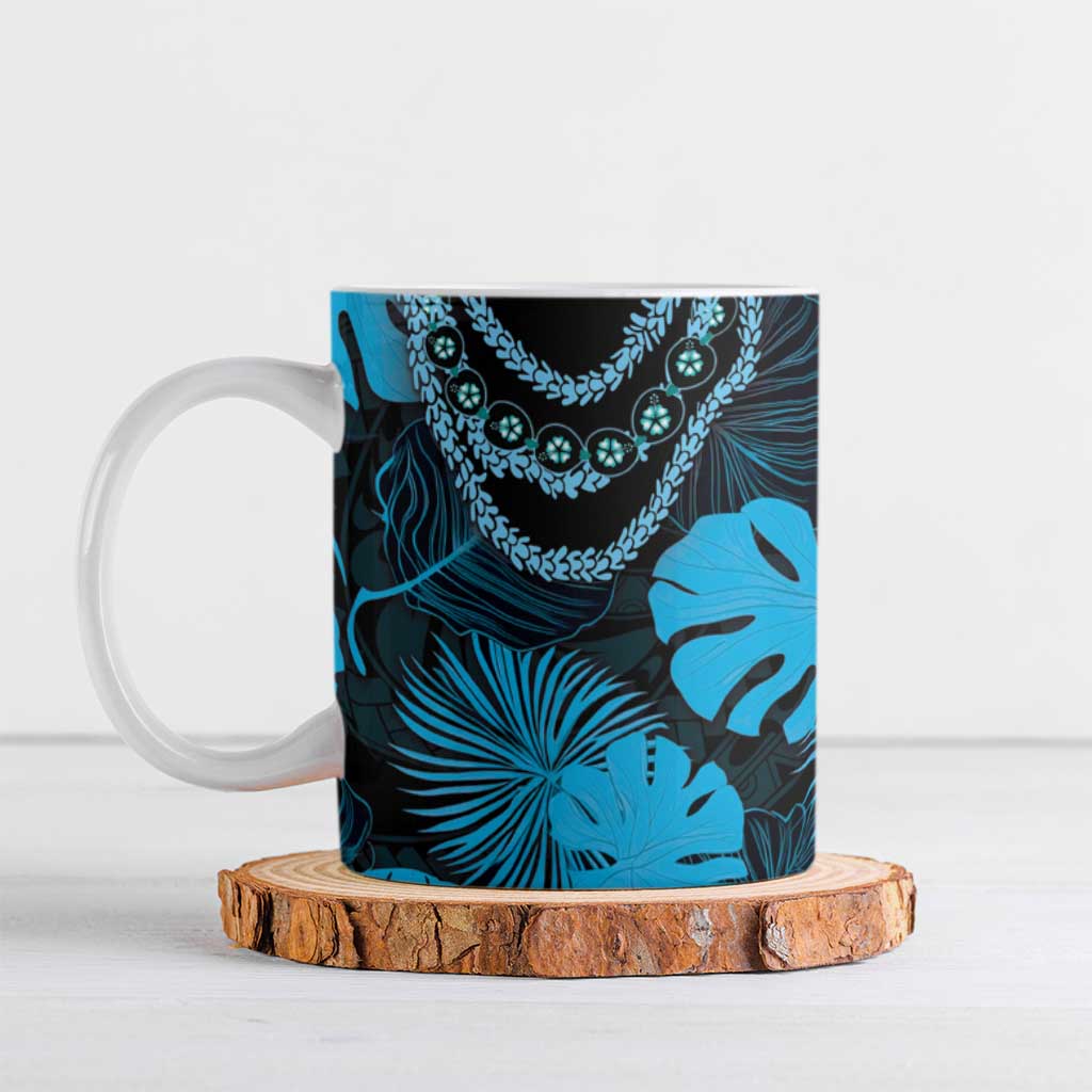 Blue Hawaii Kukui Nut Lei Ceramic Mug Hawaiian Pattern Monstera Tropical Vibes LT14 Blue - Polynesian Pride