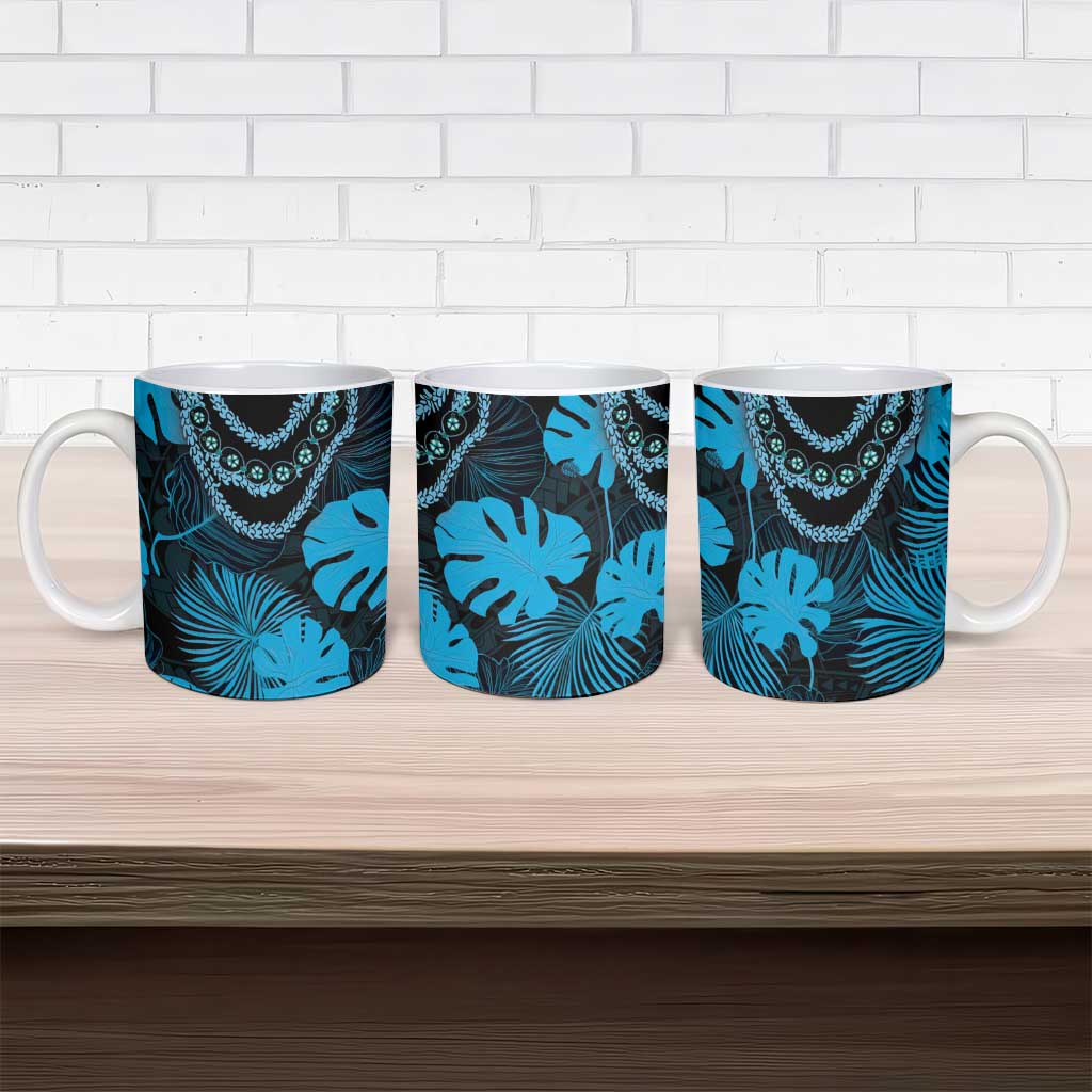 Blue Hawaii Kukui Nut Lei Ceramic Mug Hawaiian Pattern Monstera Tropical Vibes LT14 - Polynesian Pride