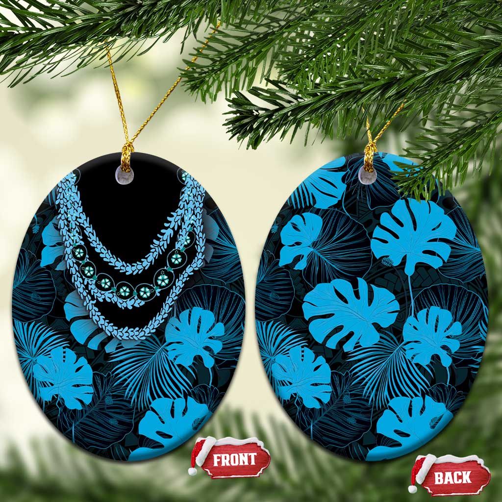 Blue Hawaii Kukui Nut Lei Ceramic Ornament Hawaiian Pattern Monstera Tropical Vibes LT14 Oval Blue - Polynesian Pride