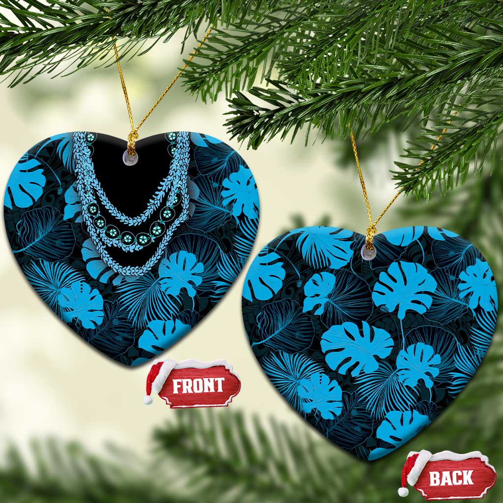 Blue Hawaii Kukui Nut Lei Ceramic Ornament Hawaiian Pattern Monstera Tropical Vibes LT14 Heart Blue - Polynesian Pride