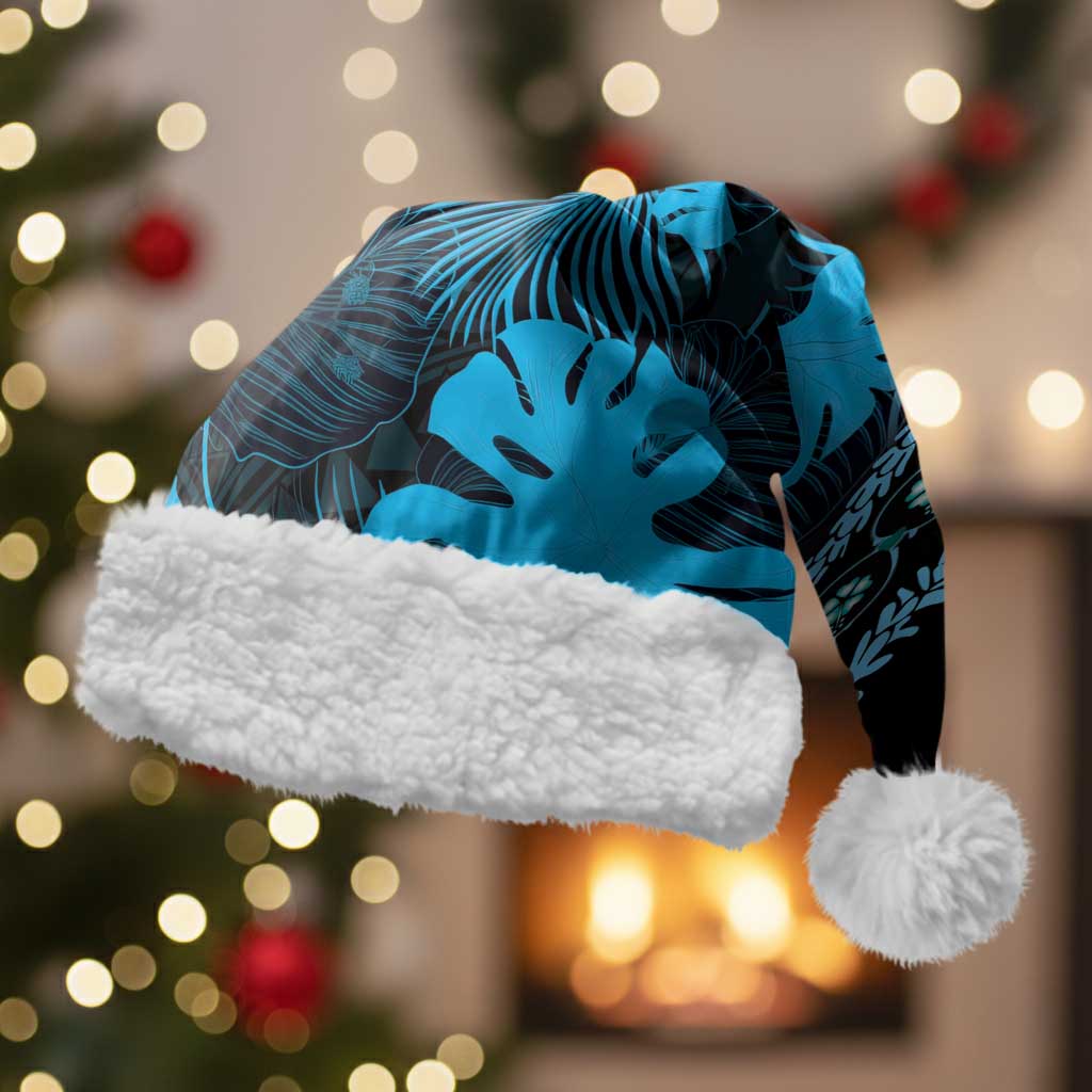 Blue Hawaii Kukui Nut Lei Christmas Santa Hat Hawaiian Pattern Monstera Tropical Vibes LT14 With Fur Blue - Polynesian Pride
