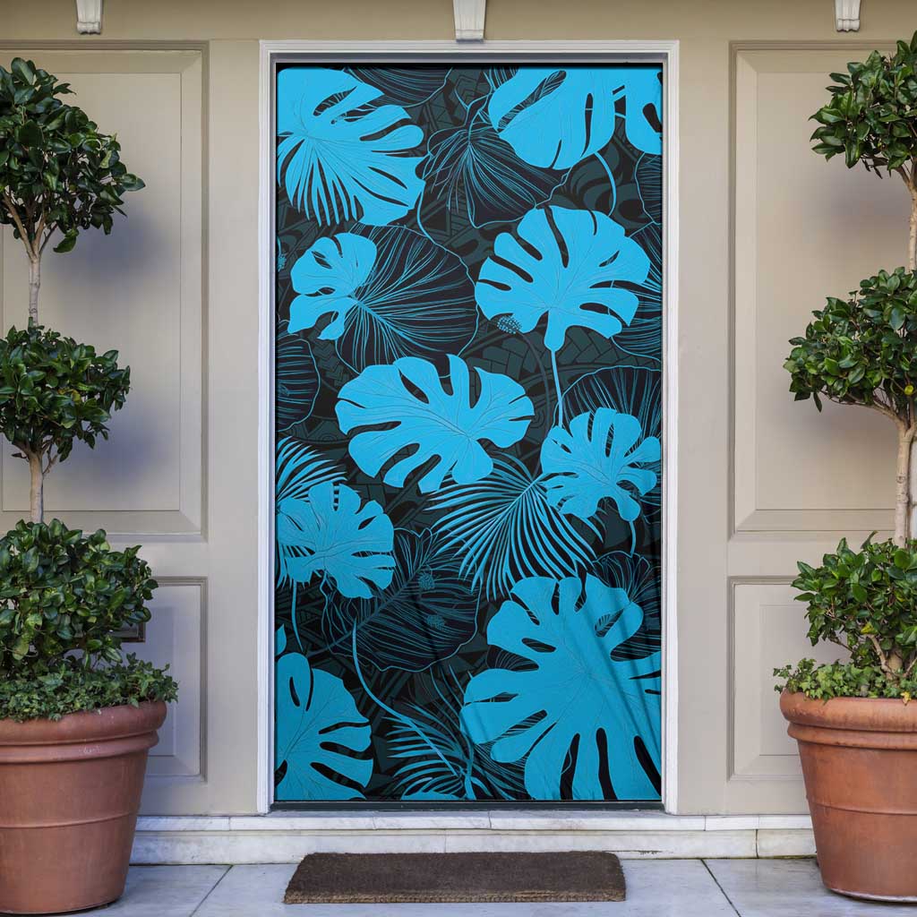 Blue Hawaii Kukui Nut Lei Door Cover Hawaiian Pattern Monstera Tropical Vibes LT14 Blue - Polynesian Pride