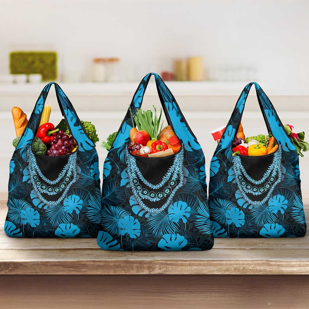 Blue Hawaii Kukui Nut Lei Grocery Bag Hawaiian Pattern Monstera Tropical Vibes LT14 3-pack One Size Blue - Polynesian Pride