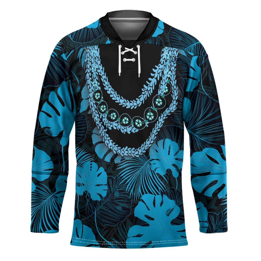 Blue Hawaii Kukui Nut Lei Hockey Jersey Hawaiian Pattern Monstera Tropical Vibes LT14 Unisex Blue - Polynesian Pride