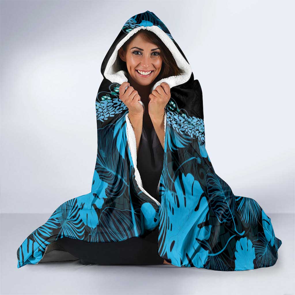 Blue Hawaii Kukui Nut Lei Hooded Blanket Hawaiian Pattern Monstera Tropical Vibes LT14 - Polynesian Pride
