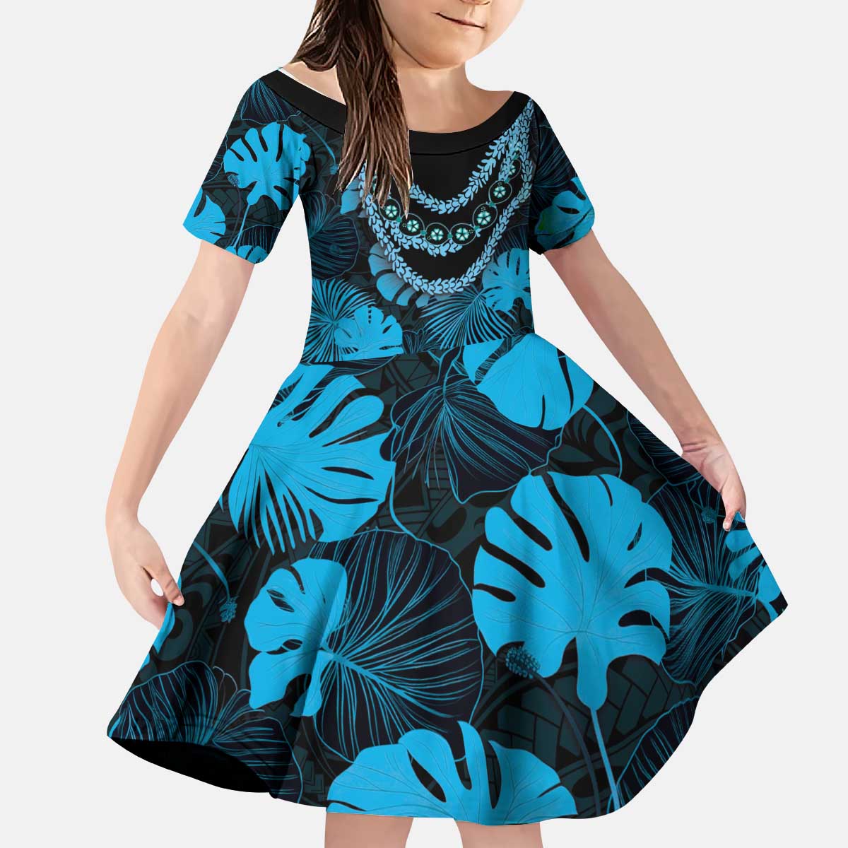 Blue Hawaii Kukui Nut Lei Kid Short Sleeve Dress Hawaiian Pattern Monstera Tropical Vibes LT14 KID Blue - Polynesian Pride