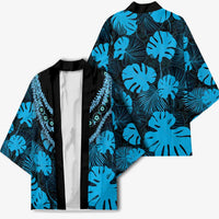 Blue Hawaii Kukui Nut Lei Kimono Hawaiian Pattern Monstera Tropical Vibes LT14 - Polynesian Pride