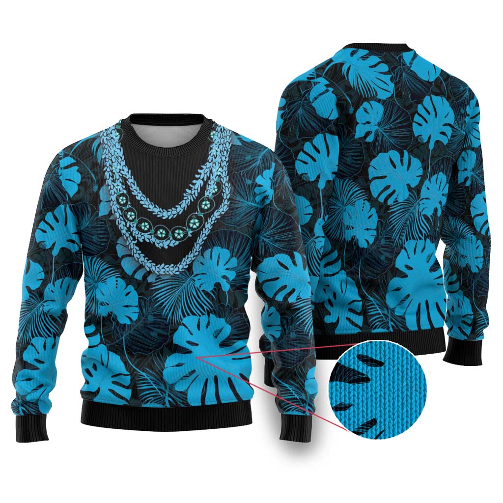 Blue Hawaii Kukui Nut Lei Ugly Christmas Sweater Hawaiian Pattern Monstera Tropical Vibes LT14 Blue - Polynesian Pride