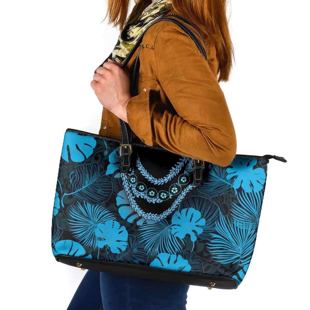 Blue Hawaii Kukui Nut Lei Leather Tote Bag Hawaiian Pattern Monstera Tropical Vibes LT14 Blue - Polynesian Pride
