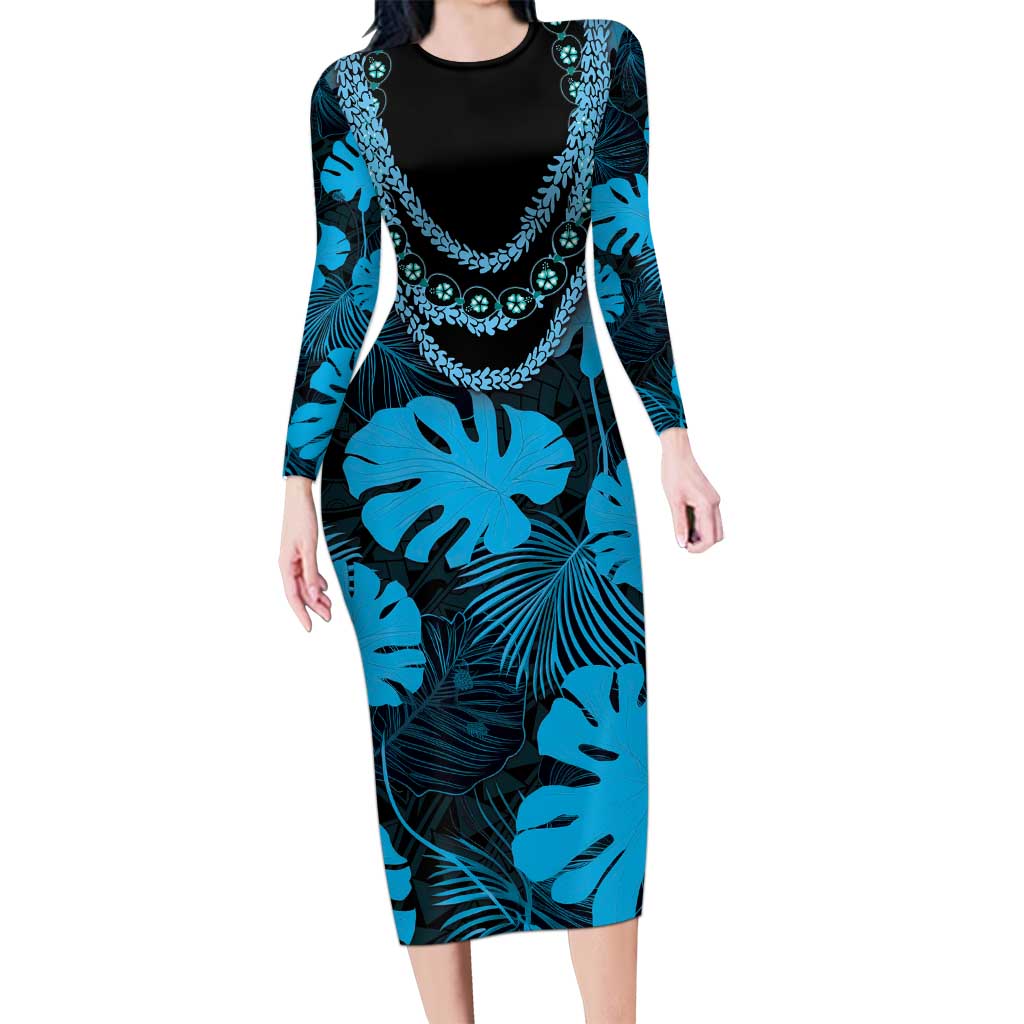 Blue Hawaii Kukui Nut Lei Long Sleeve Bodycon Dress Hawaiian Pattern Monstera Tropical Vibes LT14 Long Dress Blue - Polynesian Pride