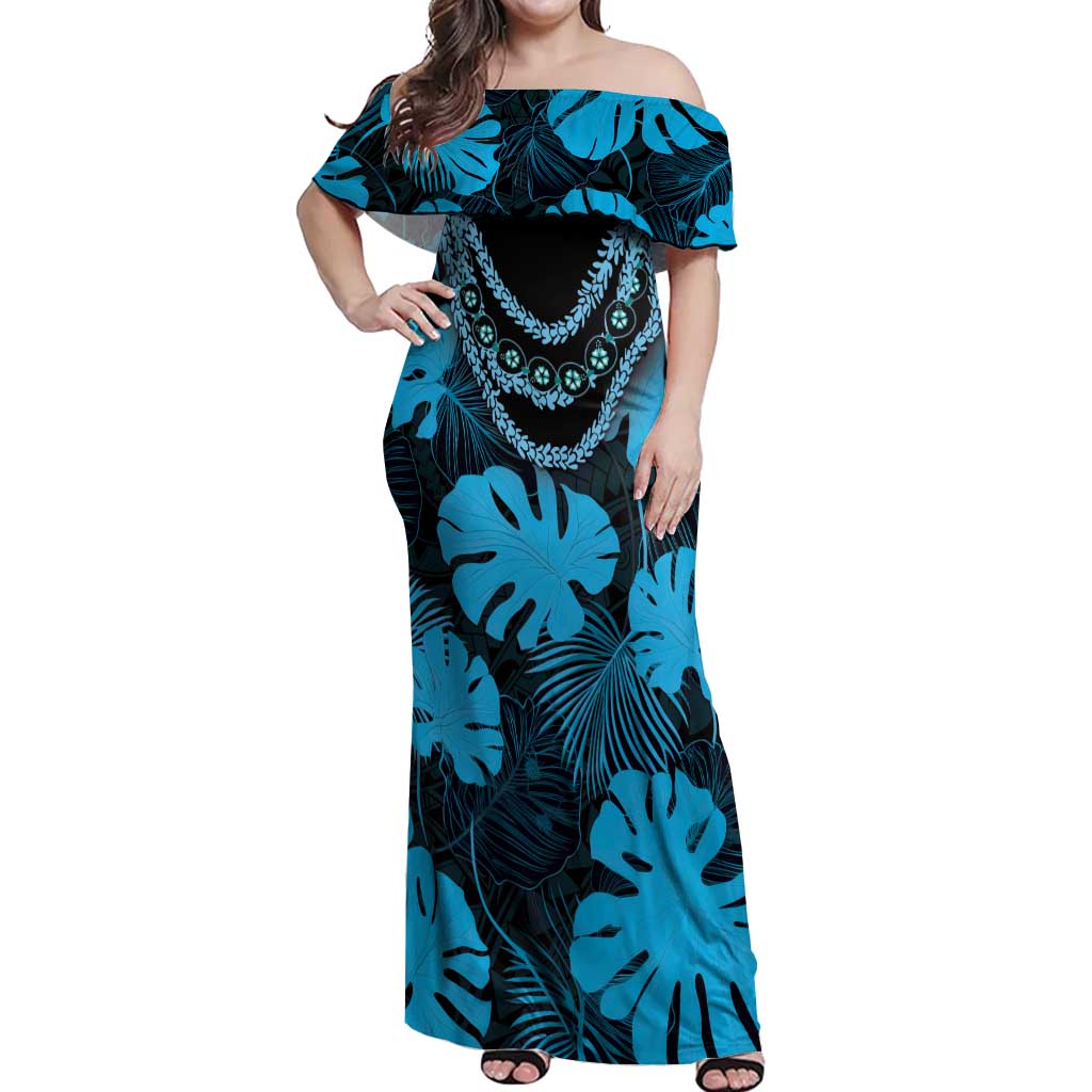 Blue Hawaii Kukui Nut Lei Off Shoulder Maxi Dress Hawaiian Pattern Monstera Tropical Vibes LT14 Women Blue - Polynesian Pride