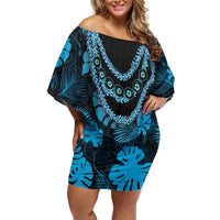 Blue Hawaii Kukui Nut Lei Off Shoulder Short Dress Hawaiian Pattern Monstera Tropical Vibes LT14 Women Blue - Polynesian Pride