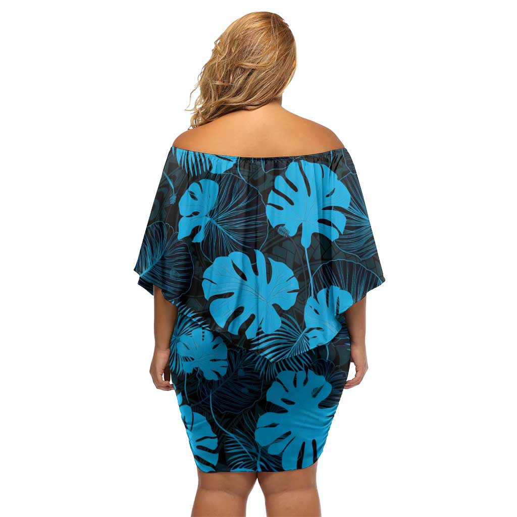 Blue Hawaii Kukui Nut Lei Off Shoulder Short Dress Hawaiian Pattern Monstera Tropical Vibes LT14 - Polynesian Pride