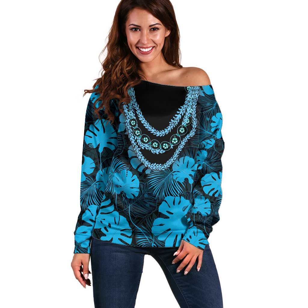 Blue Hawaii Kukui Nut Lei Off Shoulder Sweater Hawaiian Pattern Monstera Tropical Vibes LT14 Women Blue - Polynesian Pride