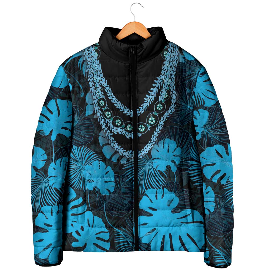 Blue Hawaii Kukui Nut Lei Padded Jacket Hawaiian Pattern Monstera Tropical Vibes LT14 - Polynesian Pride